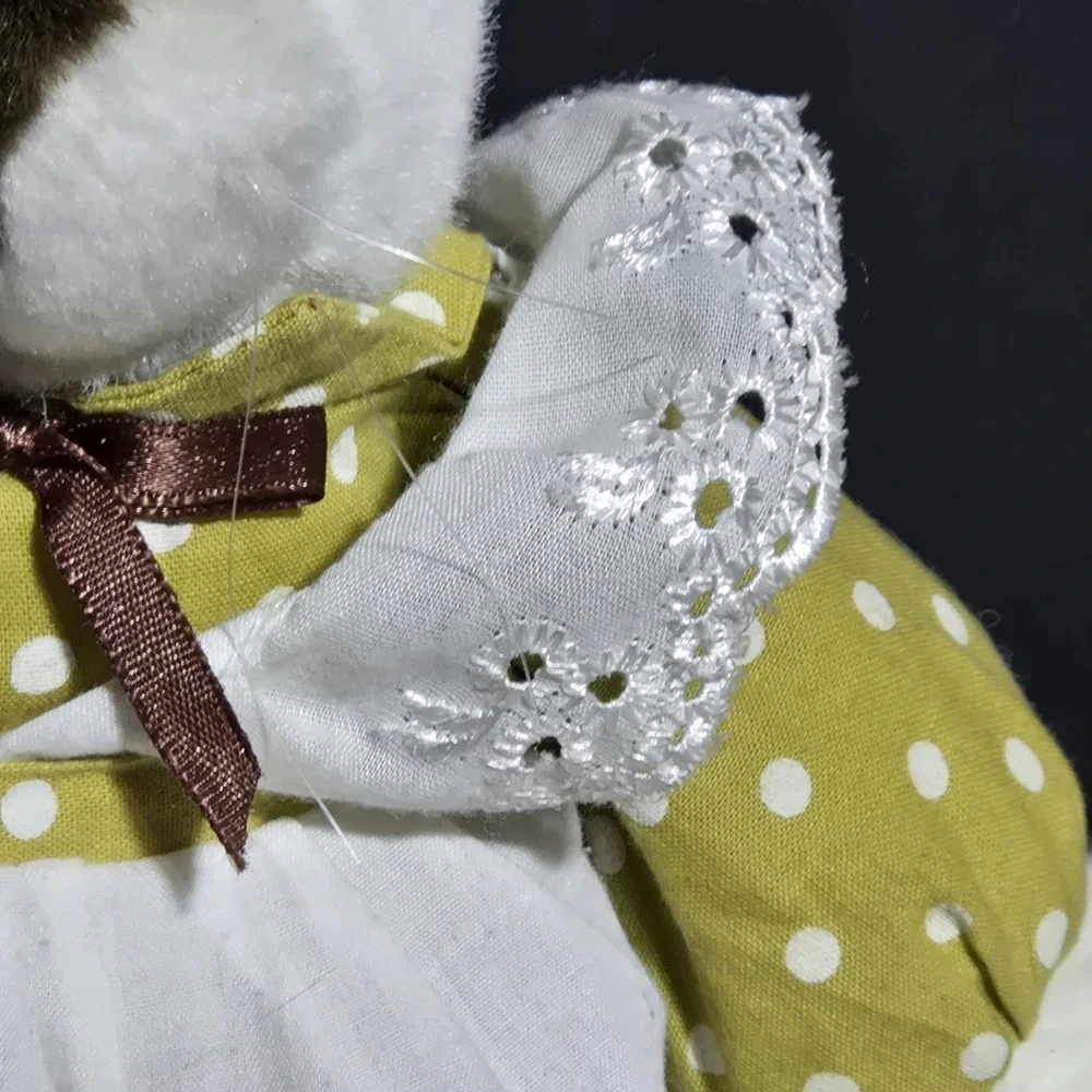VINTAGE ACMI Rabbit Plush White Bunny Yellow Dress Polka Dots Cottagecore EASTER